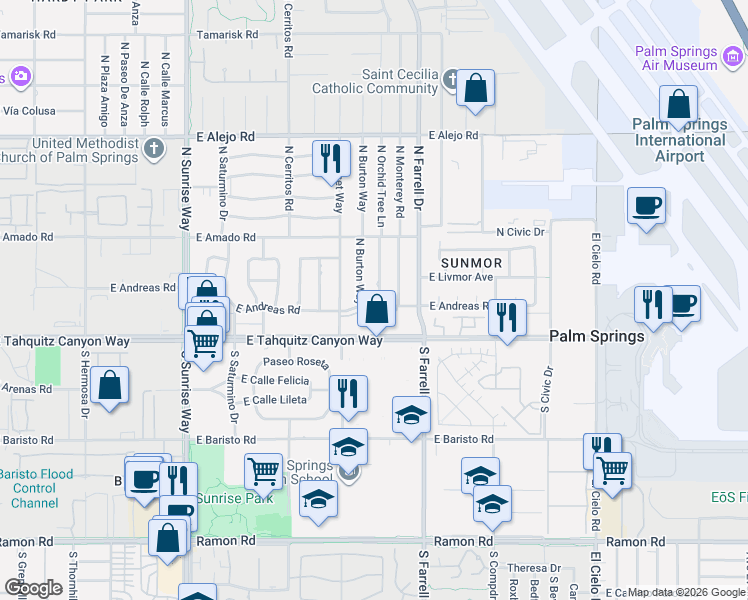map of restaurants, bars, coffee shops, grocery stores, and more near 225 North Orchid Tree Lane in Palm Springs