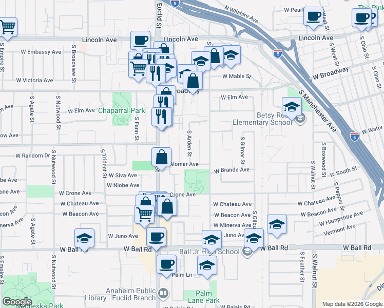 map of restaurants, bars, coffee shops, grocery stores, and more near 607 South Arden Street in Anaheim