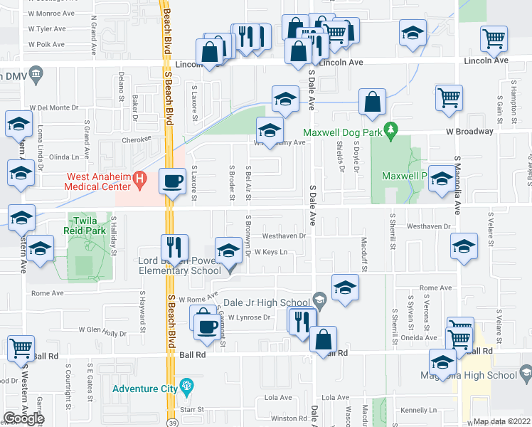 map of restaurants, bars, coffee shops, grocery stores, and more near 2847 Orange Avenue in Anaheim