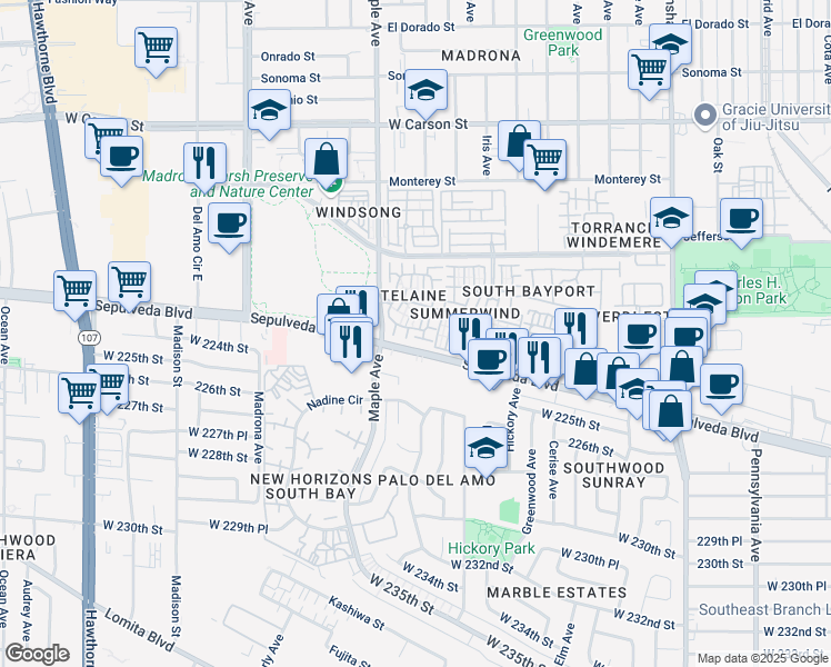 map of restaurants, bars, coffee shops, grocery stores, and more near Unnamed Road in Torrance