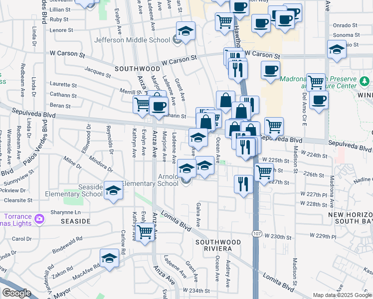 map of restaurants, bars, coffee shops, grocery stores, and more near 22406 Ladeene Avenue in Torrance