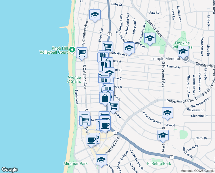 map of restaurants, bars, coffee shops, grocery stores, and more near 231 Avenue D in Redondo Beach
