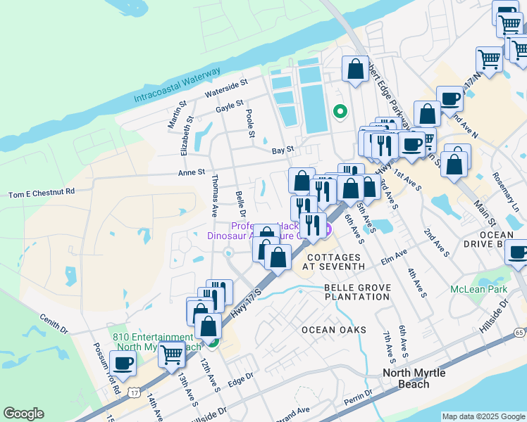 map of restaurants, bars, coffee shops, grocery stores, and more near 727 Ashland Avenue in North Myrtle Beach