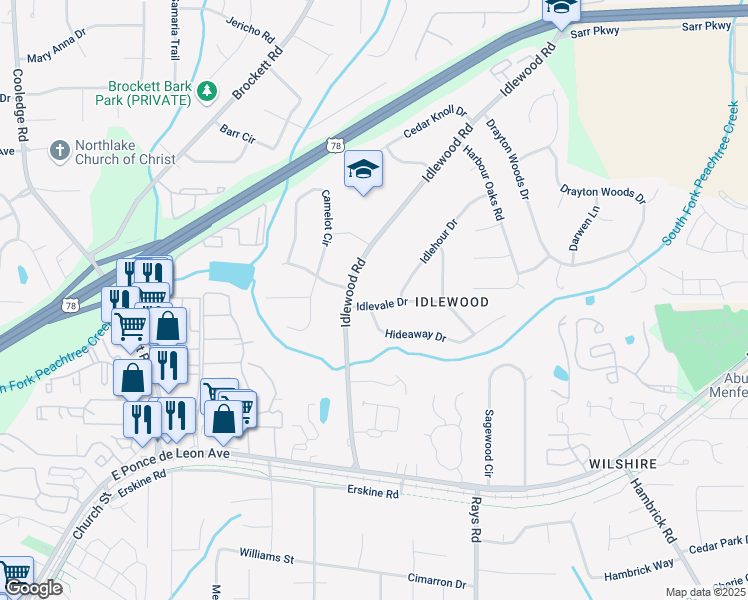 map of restaurants, bars, coffee shops, grocery stores, and more near 4074 Idlevale Drive in Tucker