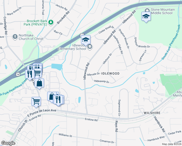 map of restaurants, bars, coffee shops, grocery stores, and more near 1431 Idlewood Road in Tucker