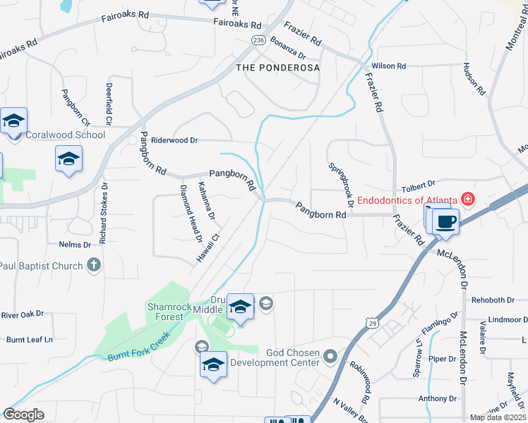 map of restaurants, bars, coffee shops, grocery stores, and more near 1496 Country Squire Drive in Decatur