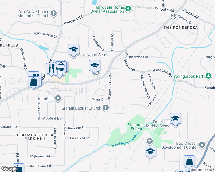 map of restaurants, bars, coffee shops, grocery stores, and more near 1483 Oakridge Court in Decatur