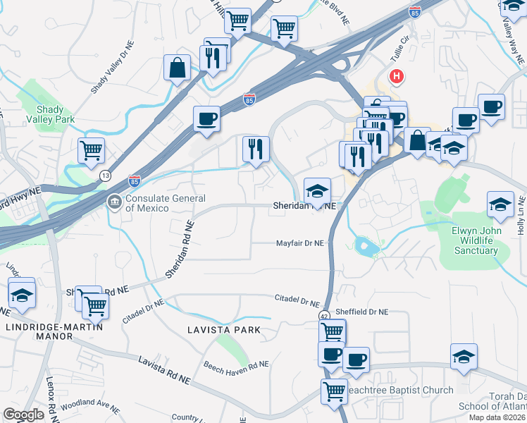 map of restaurants, bars, coffee shops, grocery stores, and more near 1485 Sheridan Road Northeast in Atlanta