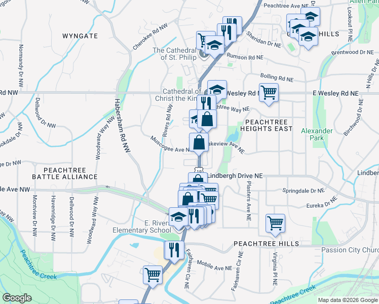 map of restaurants, bars, coffee shops, grocery stores, and more near 16 Muscogee Avenue Northwest in Atlanta