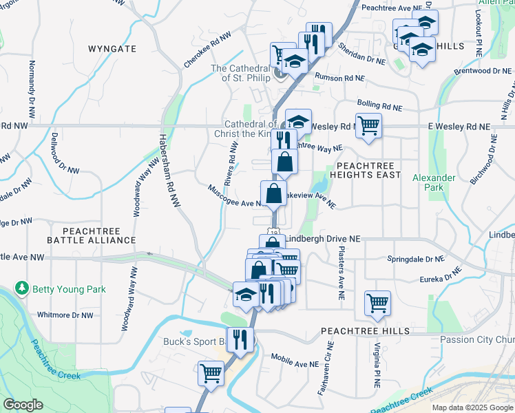 map of restaurants, bars, coffee shops, grocery stores, and more near 21 Muscogee Avenue Northwest in Atlanta