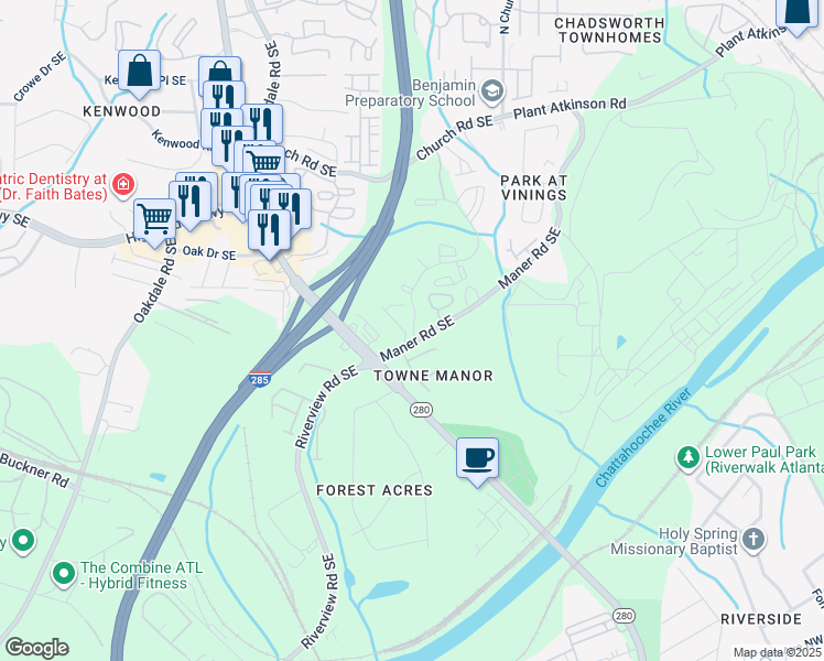 map of restaurants, bars, coffee shops, grocery stores, and more near 5285 Kershaw Court Southeast in Atlanta