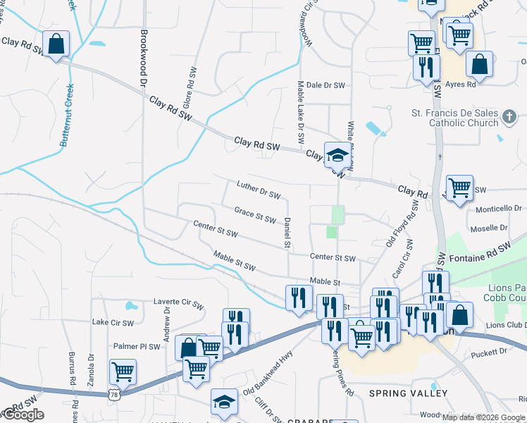 map of restaurants, bars, coffee shops, grocery stores, and more near 1101 Luther Drive Southwest in Mableton