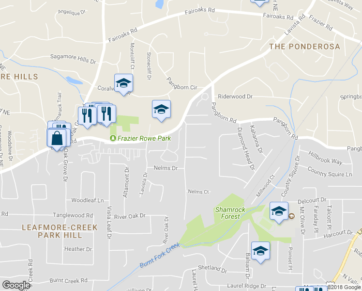 map of restaurants, bars, coffee shops, grocery stores, and more near 1483 Oakridge Court in Decatur