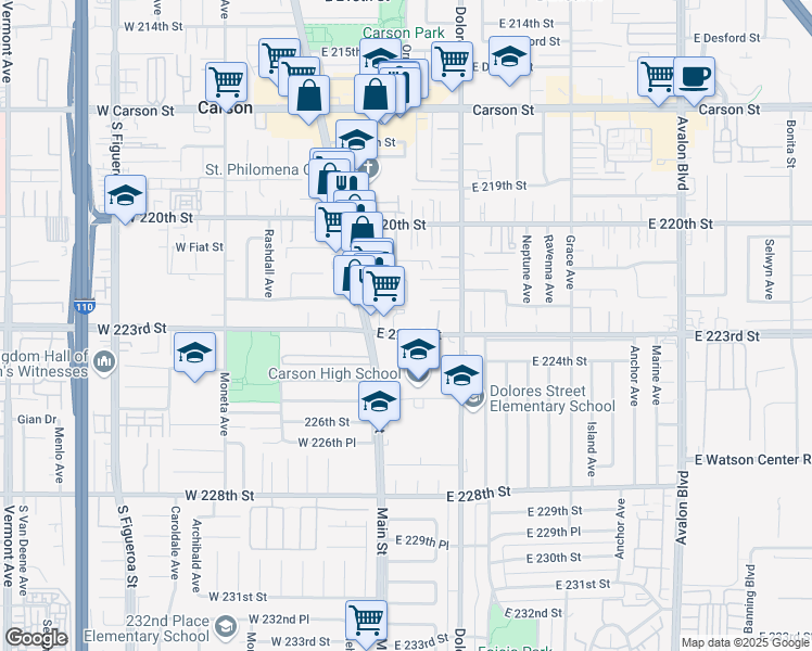 map of restaurants, bars, coffee shops, grocery stores, and more near 139 East 223rd Street in Carson