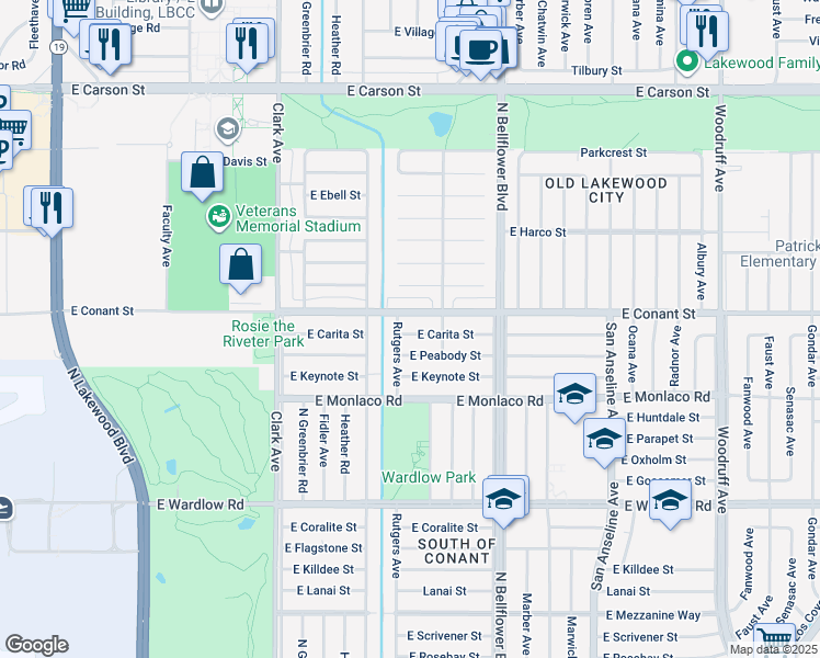 map of restaurants, bars, coffee shops, grocery stores, and more near 5311 East Carita Street in Long Beach