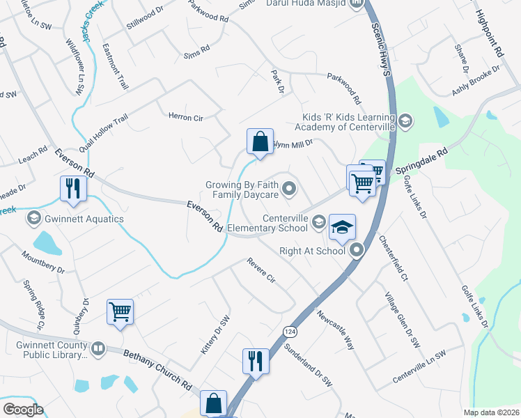 map of restaurants, bars, coffee shops, grocery stores, and more near 2939 Trotters Crest Drive in Snellville