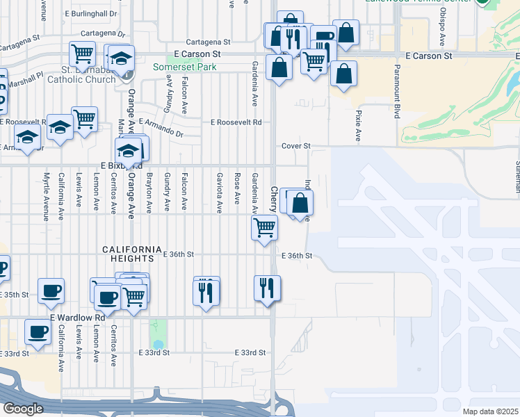 map of restaurants, bars, coffee shops, grocery stores, and more near 3722 Gardenia Avenue in Long Beach