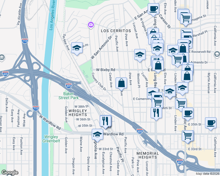 map of restaurants, bars, coffee shops, grocery stores, and more near 3707 Cedar Avenue in Long Beach
