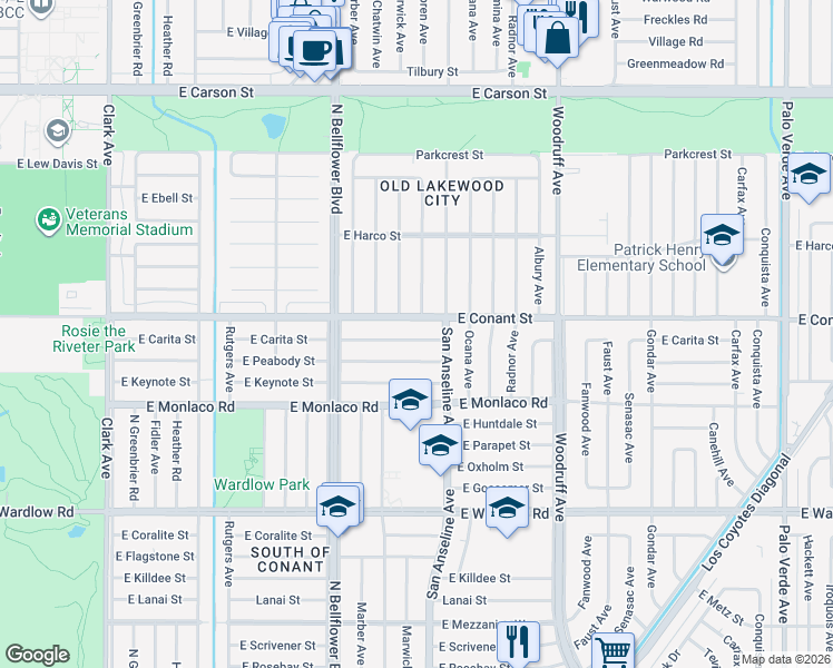 map of restaurants, bars, coffee shops, grocery stores, and more near 5621 East Carita Street in Long Beach