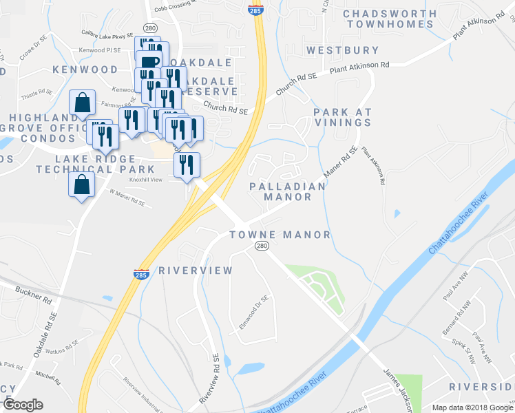 map of restaurants, bars, coffee shops, grocery stores, and more near 5288 Kershaw Court Southeast in Atlanta