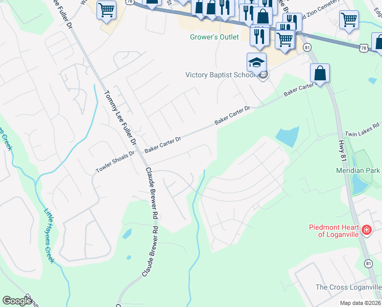 map of restaurants, bars, coffee shops, grocery stores, and more near 127 Jacobs Lane in Loganville