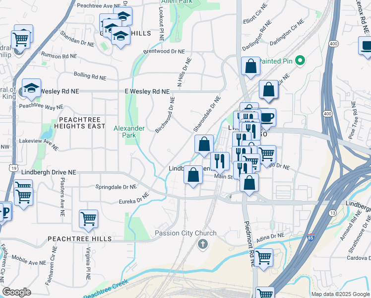 map of restaurants, bars, coffee shops, grocery stores, and more near 2571 Sharondale Drive Northeast in Atlanta