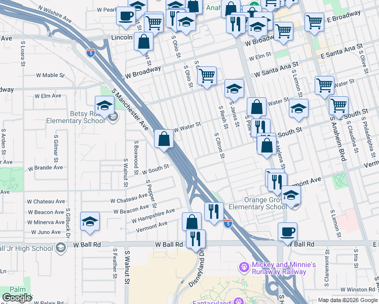 map of restaurants, bars, coffee shops, grocery stores, and more near 716 South Illinois Street in Anaheim