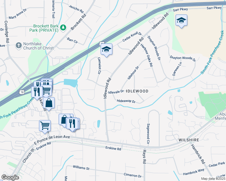 map of restaurants, bars, coffee shops, grocery stores, and more near 4074 Idlevale Drive in Tucker