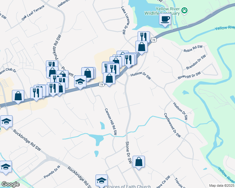 map of restaurants, bars, coffee shops, grocery stores, and more near 2202 Rodao Drive Southwest in Lilburn