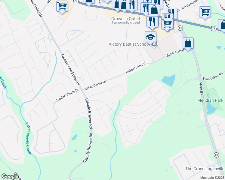 map of restaurants, bars, coffee shops, grocery stores, and more near 127 Jacobs Lane in Loganville