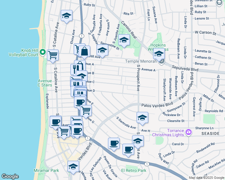 map of restaurants, bars, coffee shops, grocery stores, and more near 752 Avenue C in Redondo Beach