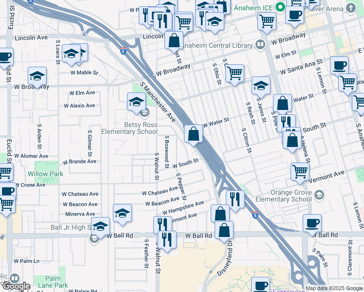 map of restaurants, bars, coffee shops, grocery stores, and more near 615 South Hazelwood Street in Anaheim