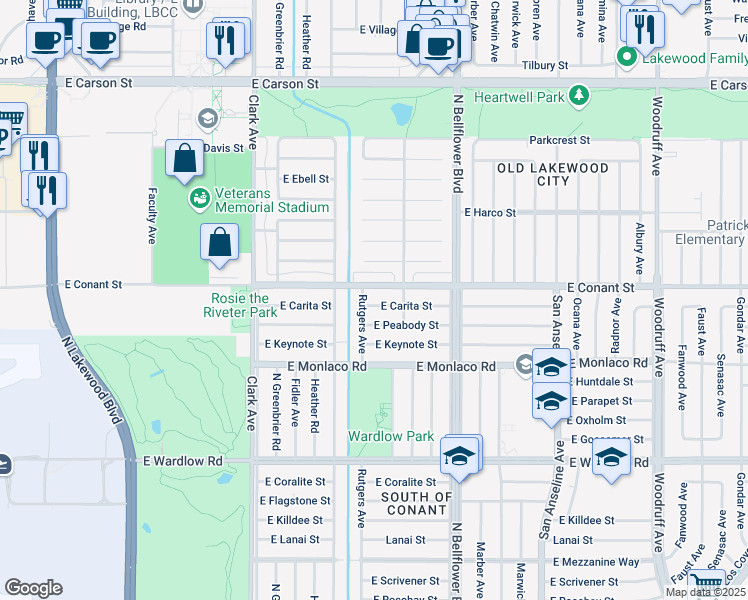map of restaurants, bars, coffee shops, grocery stores, and more near 5311 East Carita Street in Long Beach