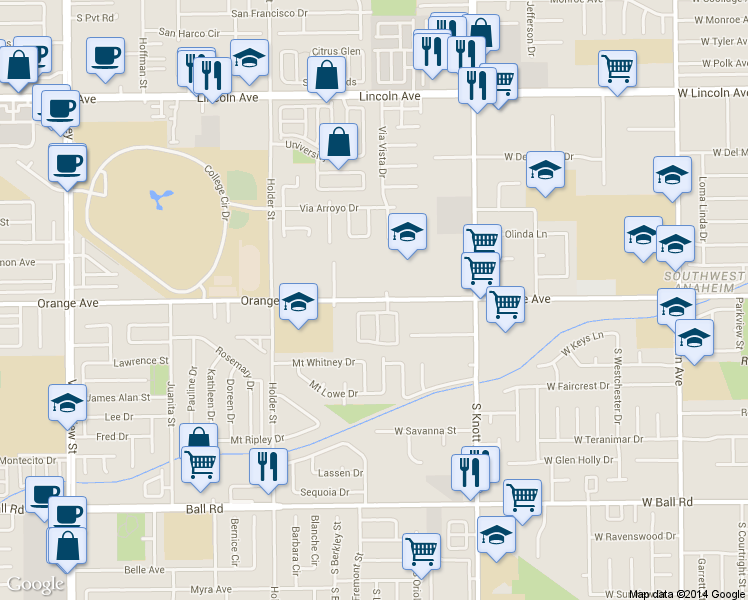 map of restaurants, bars, coffee shops, grocery stores, and more near 3971 West Orange Avenue in Anaheim
