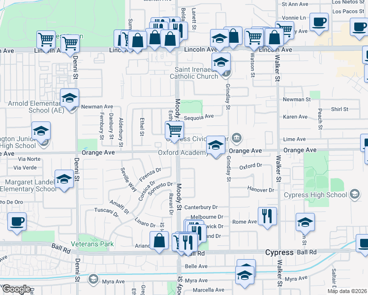 map of restaurants, bars, coffee shops, grocery stores, and more near 7002 Citron Lane in Cypress