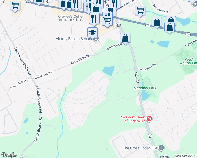 map of restaurants, bars, coffee shops, grocery stores, and more near 406 Sonja Lane in Loganville