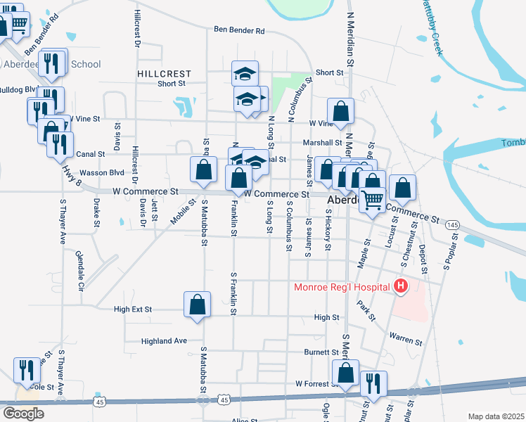 map of restaurants, bars, coffee shops, grocery stores, and more near 503 West Commerce Street in Aberdeen