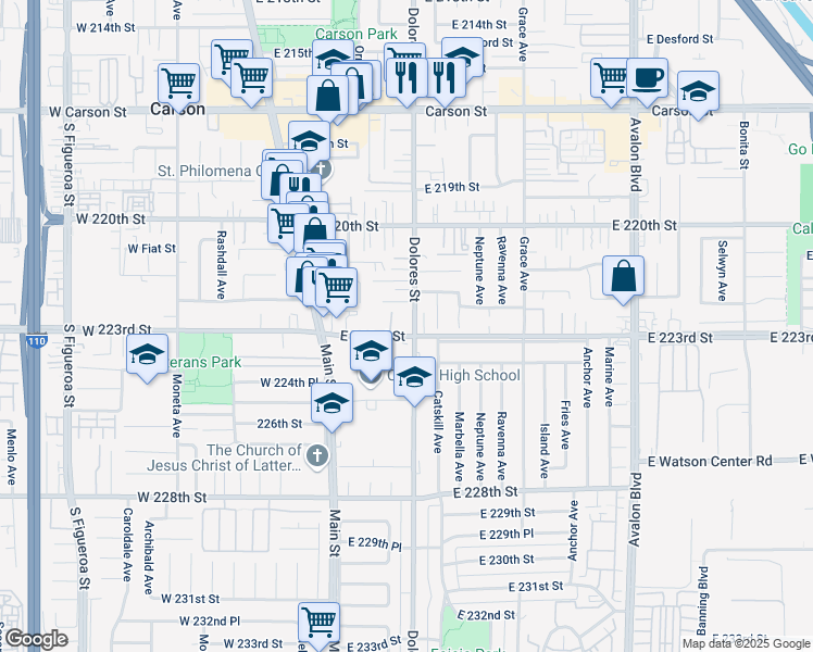 map of restaurants, bars, coffee shops, grocery stores, and more near 22212 Dolores Street in Carson