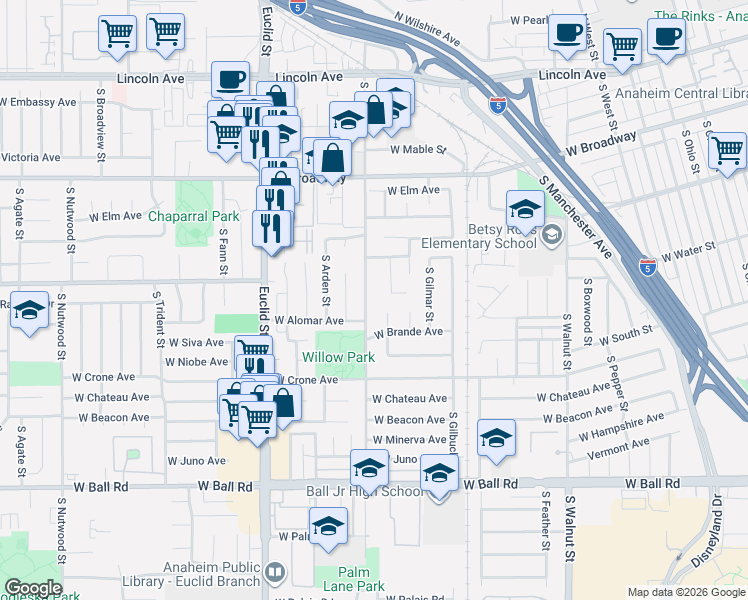 map of restaurants, bars, coffee shops, grocery stores, and more near 609 South Loara Street in Anaheim
