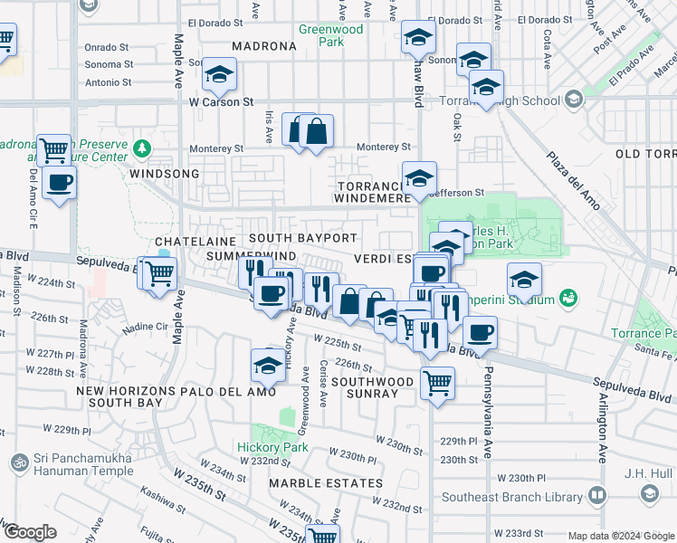 map of restaurants, bars, coffee shops, grocery stores, and more near 2164 Shelburne Way in Torrance