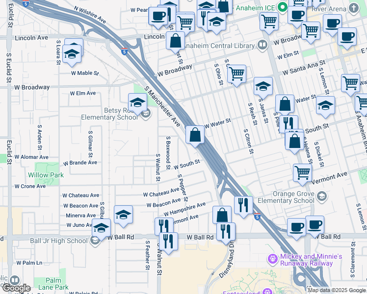 map of restaurants, bars, coffee shops, grocery stores, and more near 615 South Hazelwood Street in Anaheim