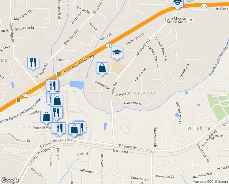 map of restaurants, bars, coffee shops, grocery stores, and more near 4056 Idlevale Drive in Tucker