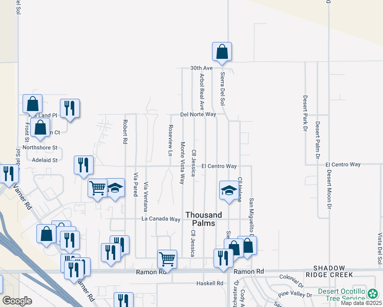 map of restaurants, bars, coffee shops, grocery stores, and more near 30905 Calle Jessica in Thousand Palms