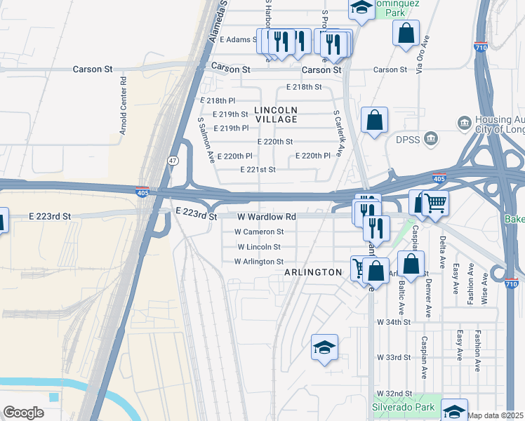 map of restaurants, bars, coffee shops, grocery stores, and more near 2295 West Wardlow Road in Long Beach