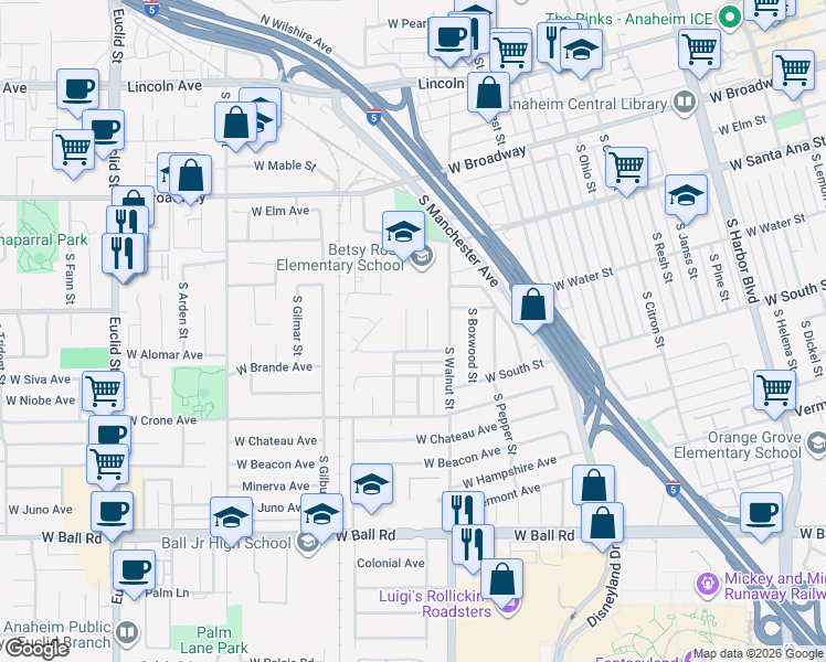 map of restaurants, bars, coffee shops, grocery stores, and more near 604 South Porto Place in Anaheim