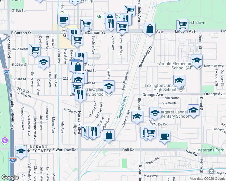 map of restaurants, bars, coffee shops, grocery stores, and more near 12433 Brittain Street in Hawaiian Gardens