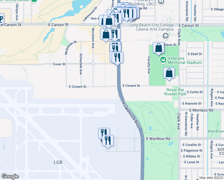 map of restaurants, bars, coffee shops, grocery stores, and more near 3645 North Lakewood Boulevard in Long Beach