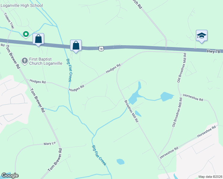 map of restaurants, bars, coffee shops, grocery stores, and more near 2397 Splitwood Drive in Loganville