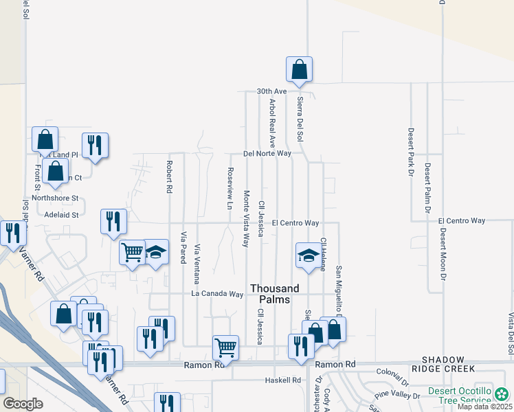 map of restaurants, bars, coffee shops, grocery stores, and more near 30905 Calle Jessica in Thousand Palms