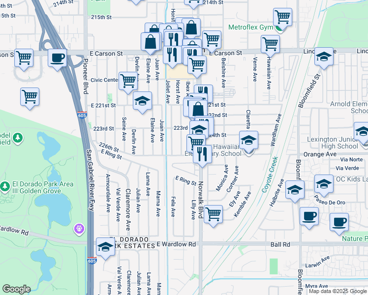 map of restaurants, bars, coffee shops, grocery stores, and more near 22414 Horst Avenue in Hawaiian Gardens